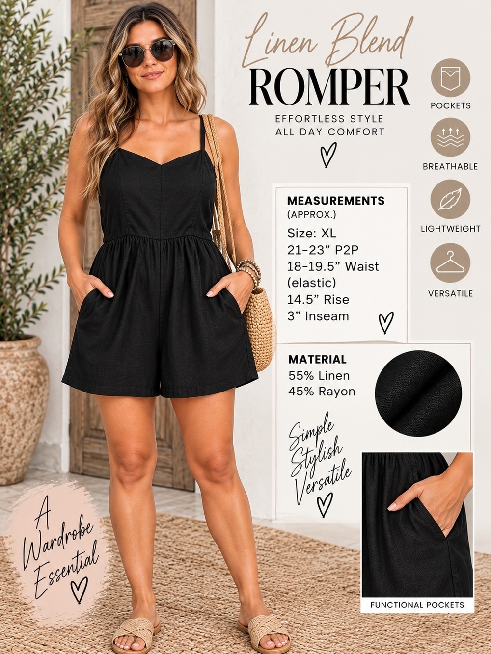 A32. Women’s Black Linen Blend Romper XL Smocked Back Pockets Summer Casual